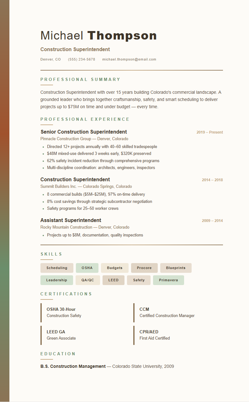 Earth tone natural construction superintendent resume